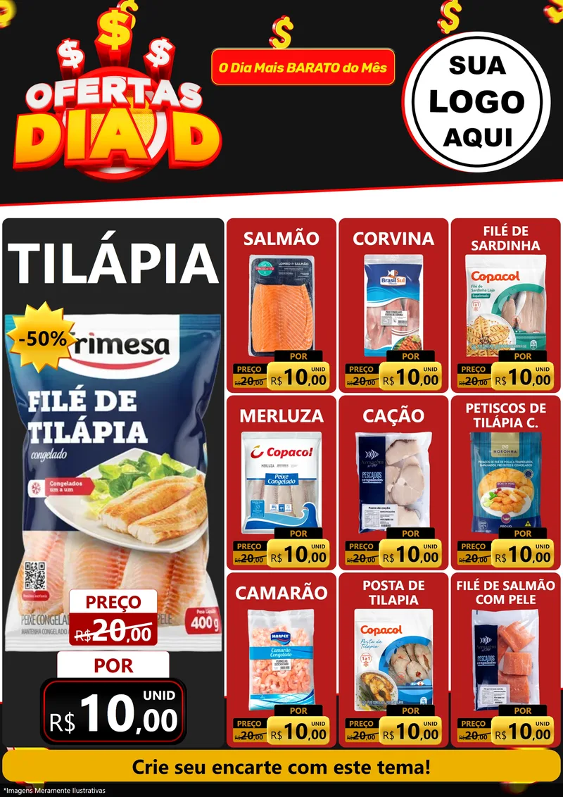 Modelo de Encarte para Encarte A4 Vertical com o tema Ofertas Dia D para Peixaria