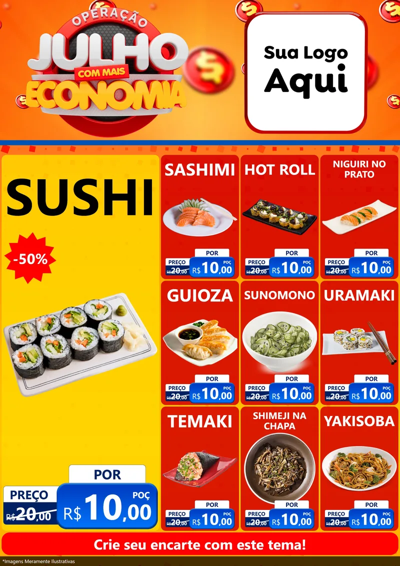 Modelo de Encarte para Encarte A4 Vertical com o tema Operação Julho Com Mais Economia para Comida japonesa