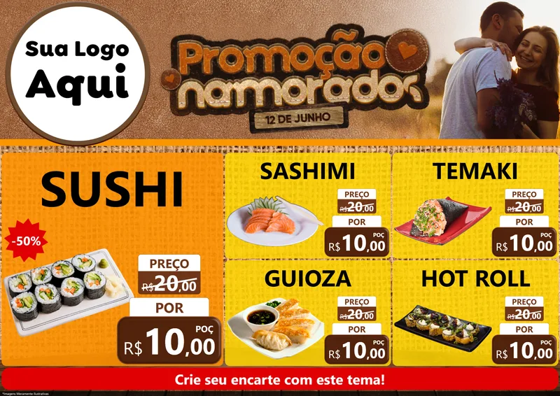 Modelo de Encarte para Encarte A4 Horizontal com o tema Promoção Namorados para Comida japonesa
