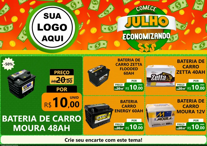 Modelo de Encarte para Encarte A4 Horizontal com o tema Comece Julho Economizando para Baterias Elétricas