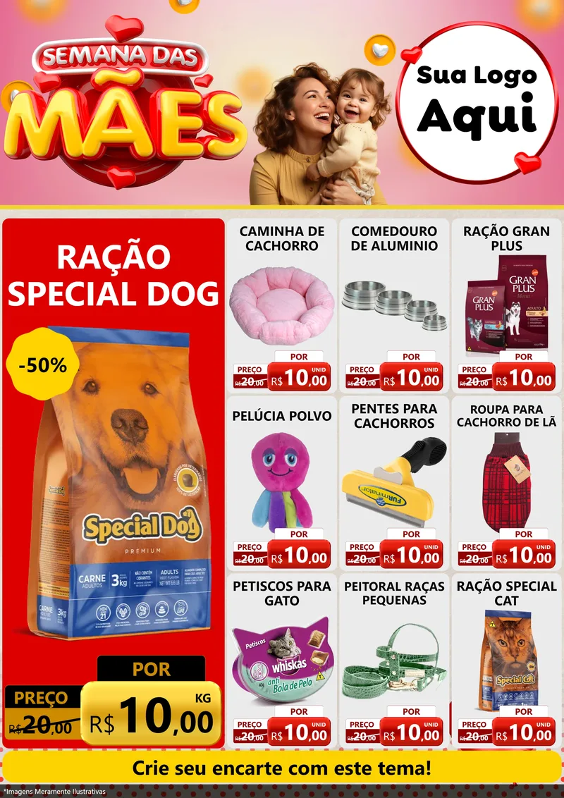 Modelo de Encarte para Encarte A4 Vertical com o tema Semana das Mães para Pet Shop