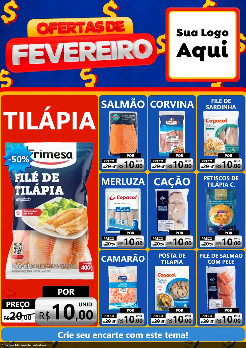 Modelo de Encarte para Encarte A4 Vertical com o tema Ofertas de Fevereiro para Peixaria