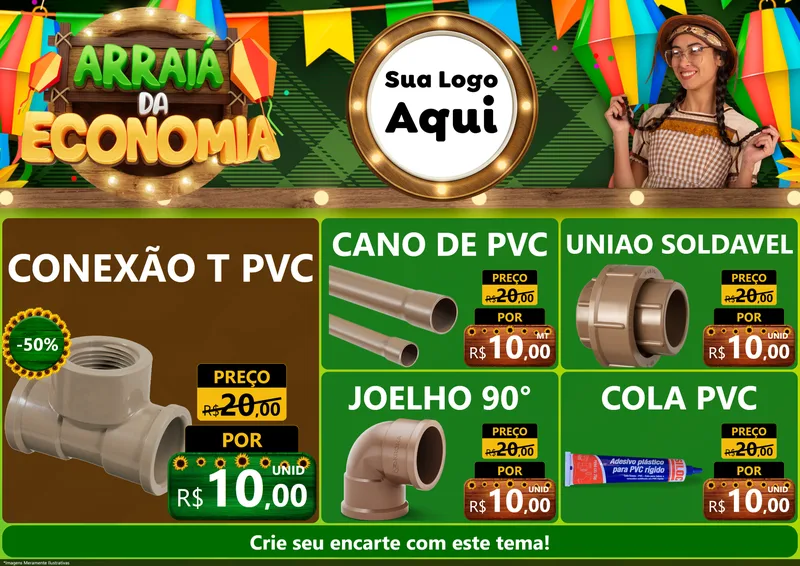 Modelo de Encarte para Encarte A4 Horizontal com o tema Arraiá de Economia para Tubos e conexões
