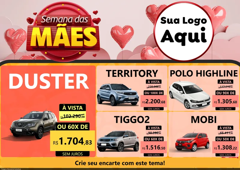 Modelo de Encarte para Encarte A4 Horizontal com o tema Semana das Mães para Concessionaria de Carros