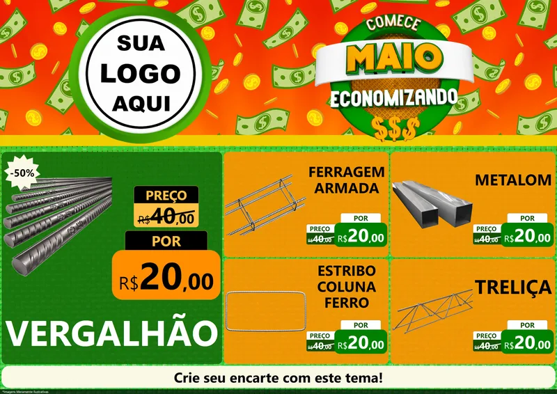 Modelo de Encarte para Encarte A4 Horizontal com o tema Comece Maio Economizando para Ferragens