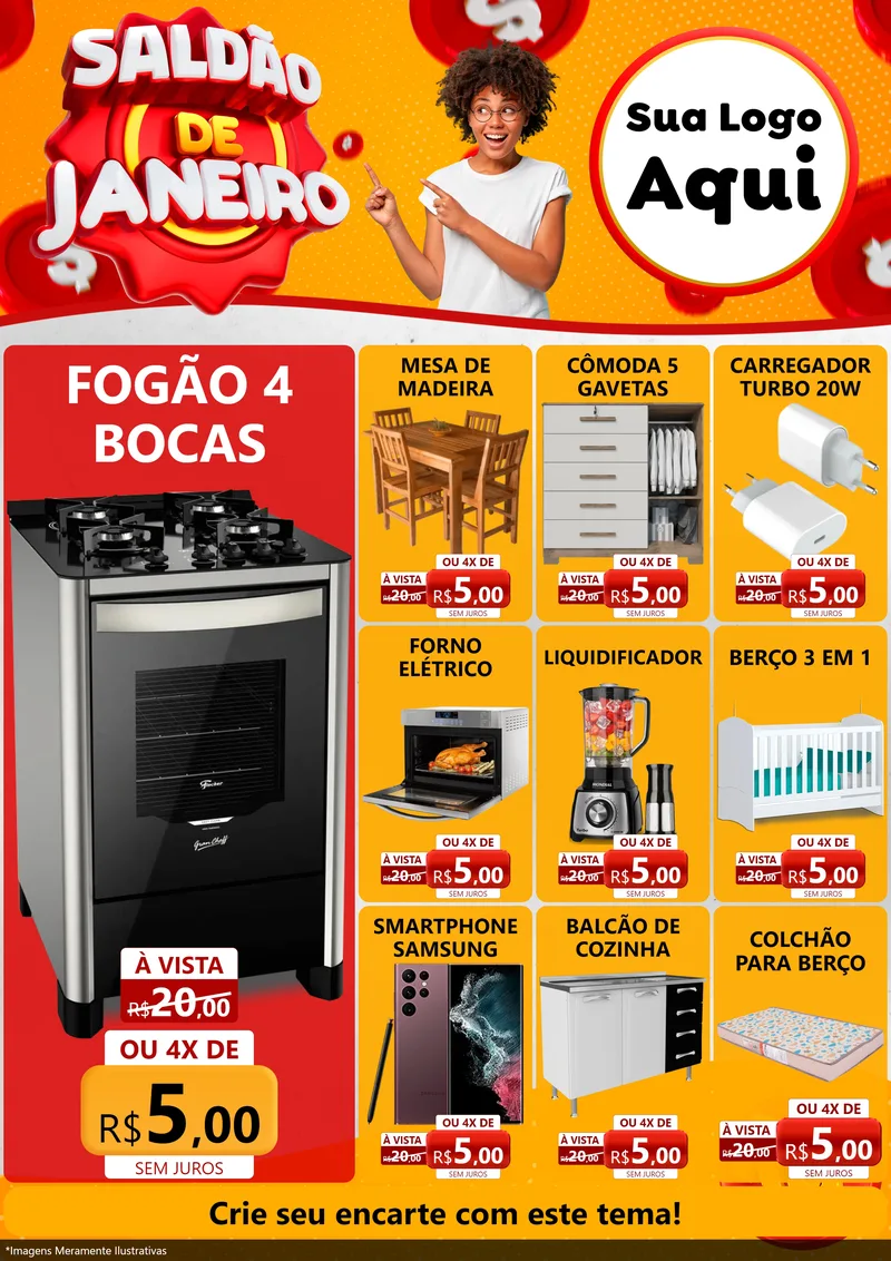 Modelo de Encarte para Encarte A4 Vertical com o tema Saldão de Janeiro para Móveis e Eletro