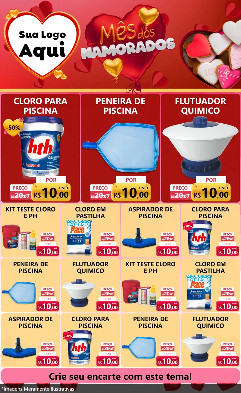 Modelo de Encarte para Encarte Grande com o tema Mês dos Namorados para Produtos para Piscina