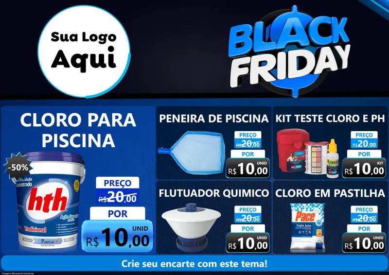 Modelo de Encarte para Encarte A4 Horizontal com o tema Black Friday para Produtos para Piscina