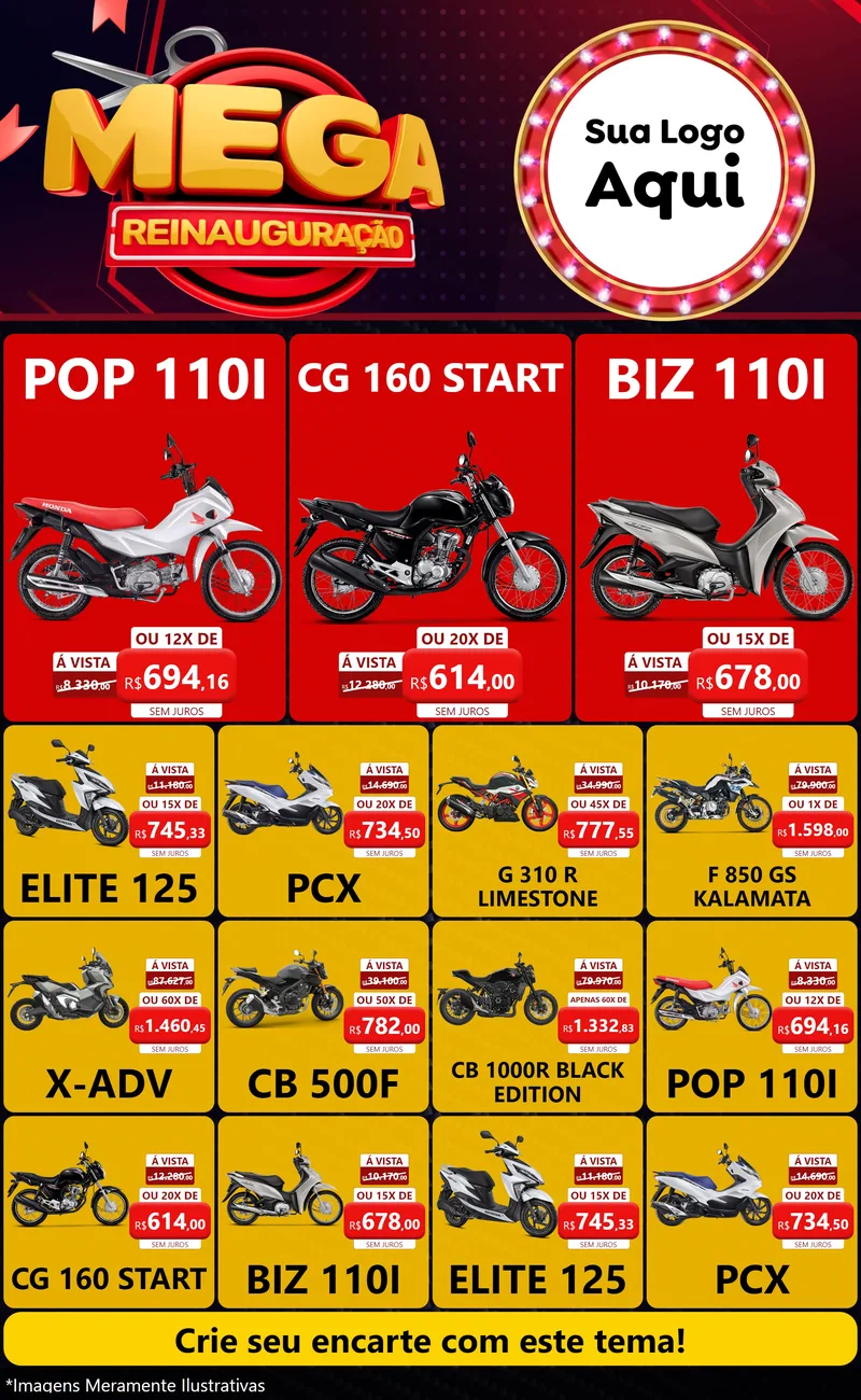 Modelo de Encarte para Encarte Grande com o tema Mega Reinauguração para Concessionaria de Motos