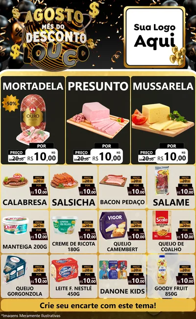 Modelo de Encarte para Encarte Grande com o tema Agosto Mês do Desconto Louco para Frios e Laticínios