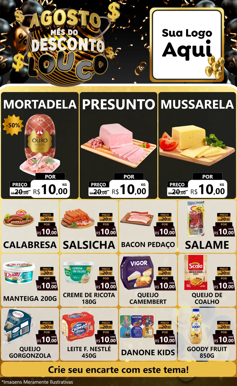 Modelo de Encarte para Encarte Grande com o tema Agosto Mês do Desconto Louco para Frios e Laticínios