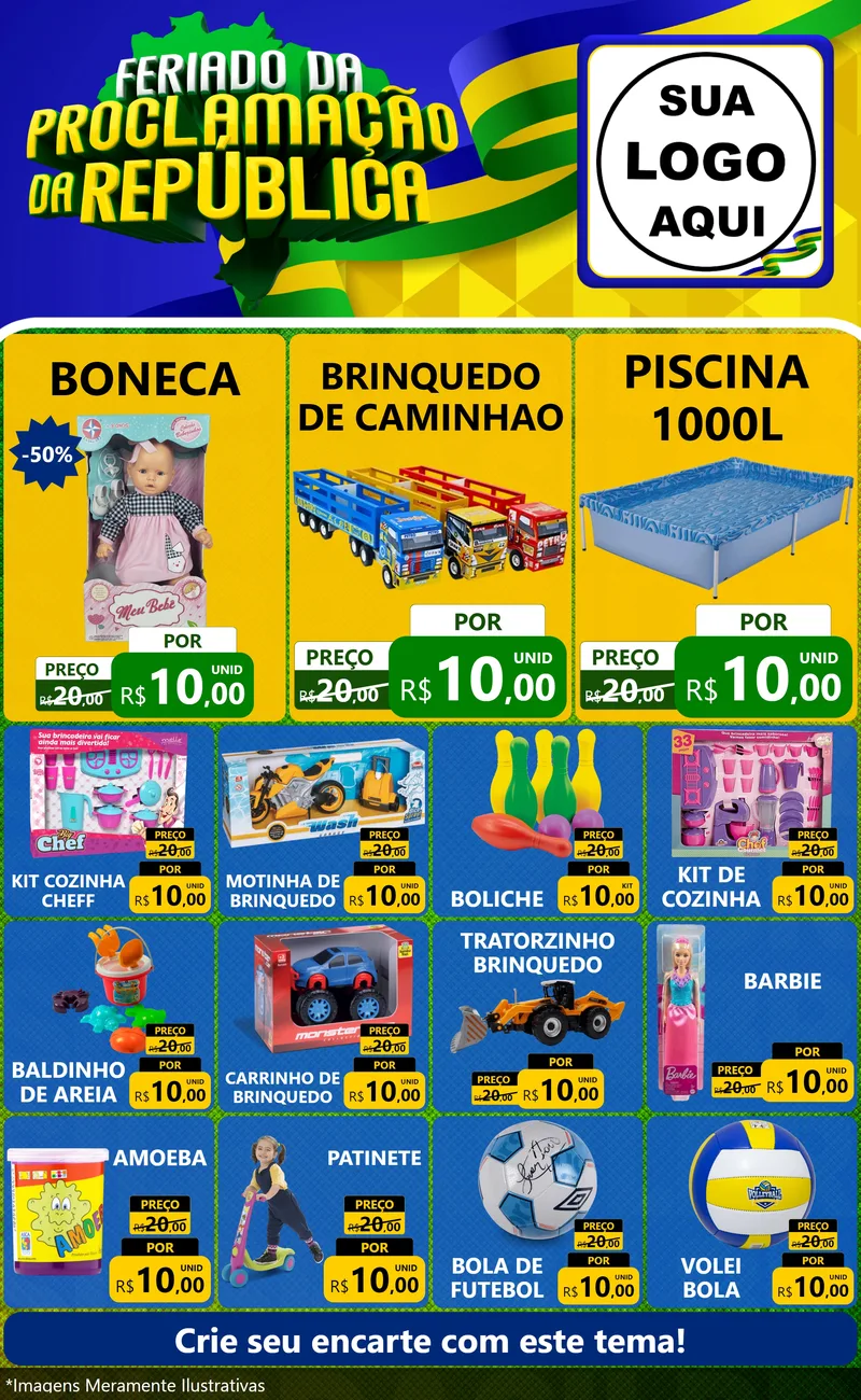 Modelo de Encarte para Encarte Grande com o tema Feriado da Proclamação da República para Brinquedos