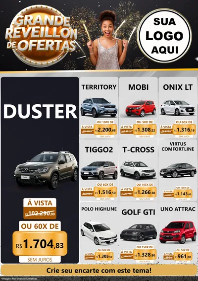 Modelo de Encarte para Encarte A4 Vertical com o tema Grande Réveillon de Ofertas para Concessionaria de Carros