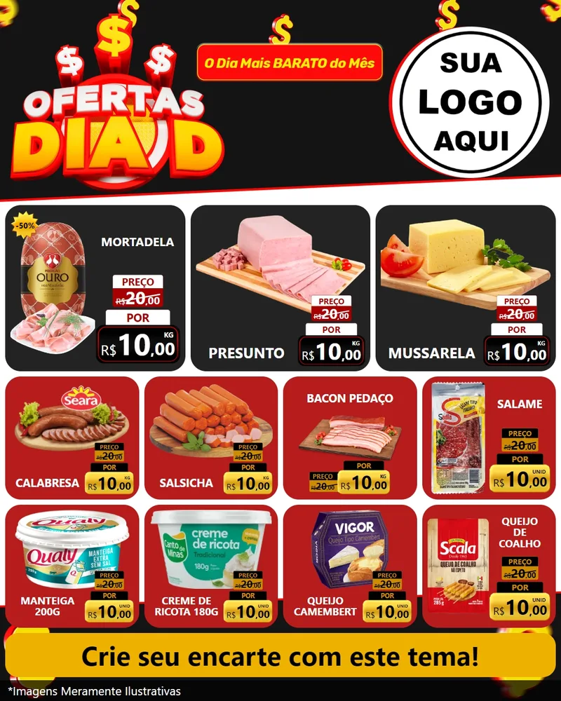 Modelo de Rede Social para Feed Instagram com o tema Ofertas Dia D para Frios e Laticínios