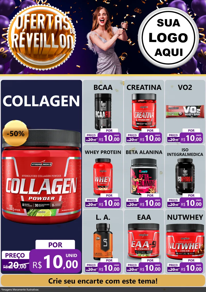 Modelo de Encarte para Encarte A4 Vertical com o tema Ofertas de Réveillon para Suplementos alimentares