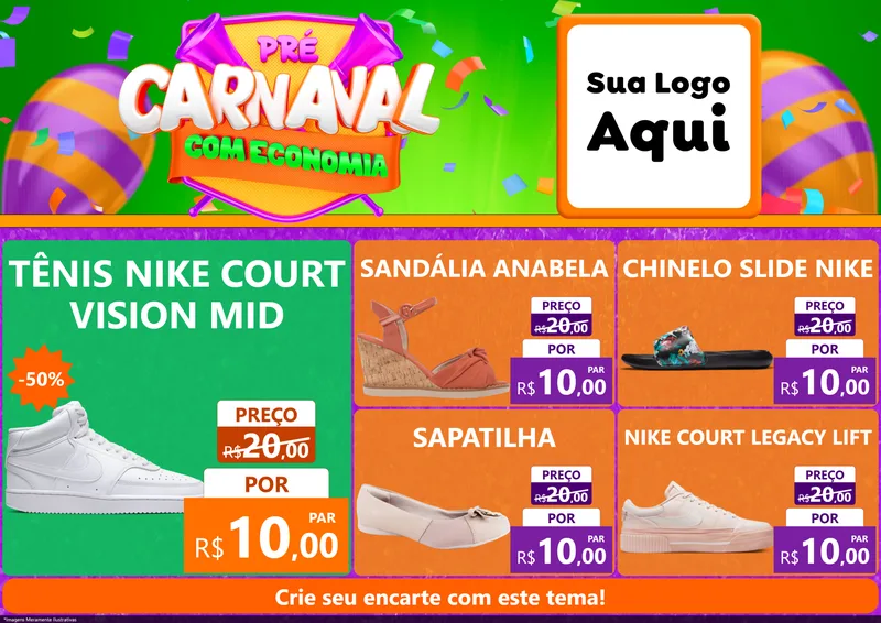 Modelo de Encarte para Encarte A4 Horizontal com o tema Pré-Carnaval Com Economia para Calçados