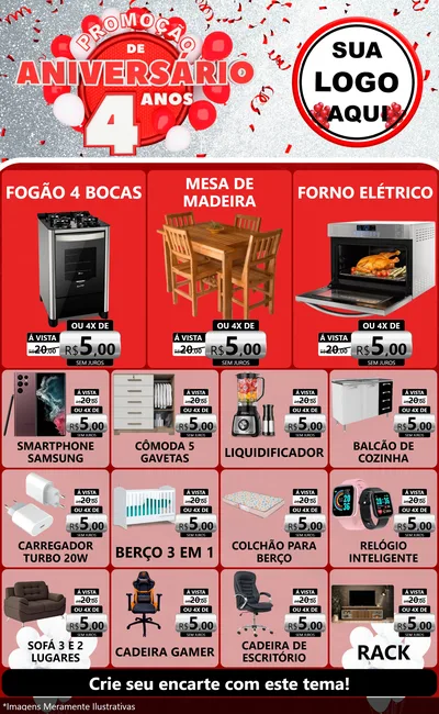 Modelo de Encarte para Encarte Grande com o tema Promoção de Aniversário - 4 Anos para Móveis e Eletro