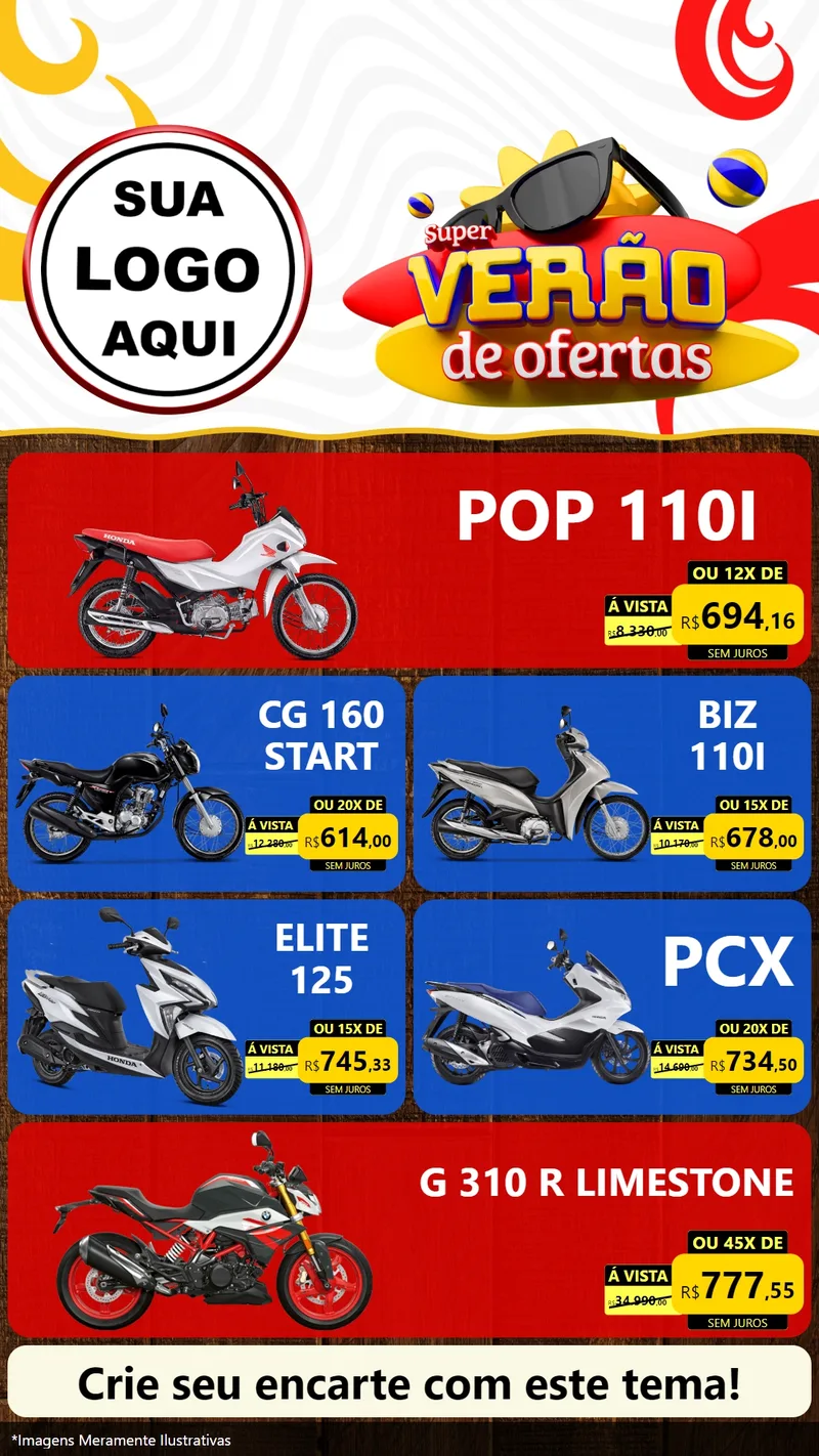 Modelo de TV para TV Vertical com o tema Super Verão de Ofertas para Concessionaria de Motos