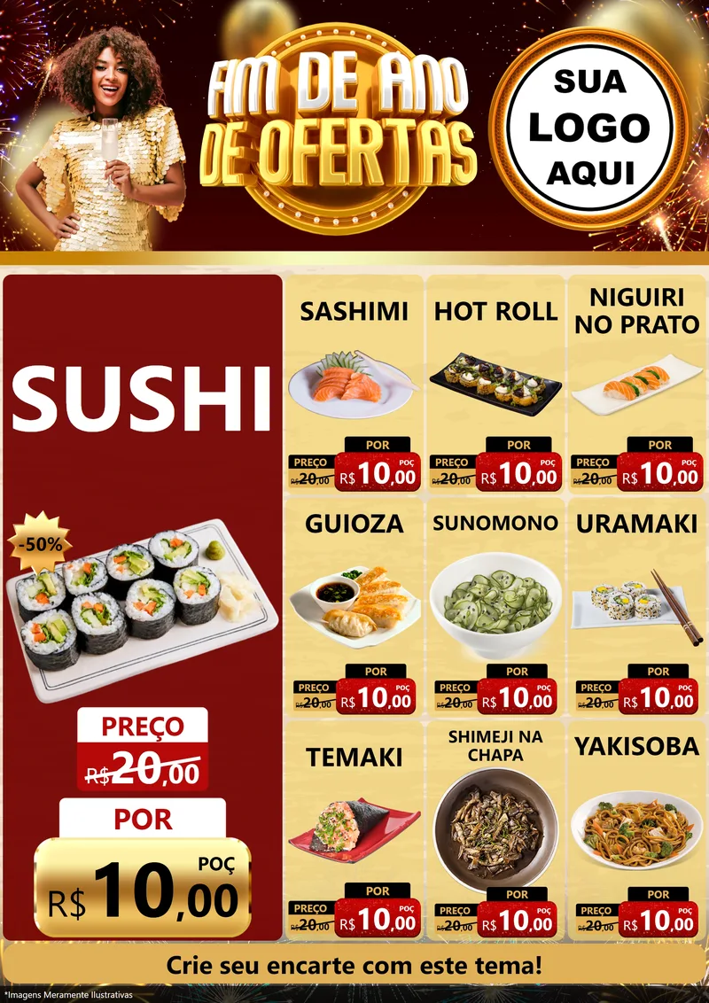 Modelo de Encarte para Encarte A4 Vertical com o tema Fim de Ano de Ofertas para Comida japonesa