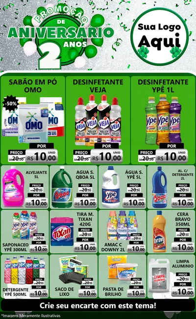Modelo de Encarte para Encarte Grande com o tema Promoção de Aniversário - 2 Anos para Produtos de Limpeza