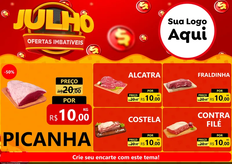 Modelo de Encarte para Encarte A4 Horizontal com o tema Julho Ofertas Imbatíveis para Açougue