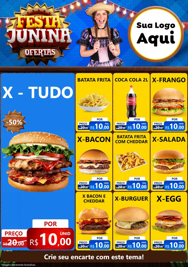 Modelo de Encarte para Encarte A4 Vertical com o tema Festa Junina Ofertas para Hamburgueria