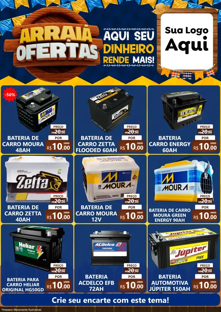 Modelo de Encarte para Encarte A4 Vertical com o tema Arraiá de Ofertas - Junina para Baterias Elétricas