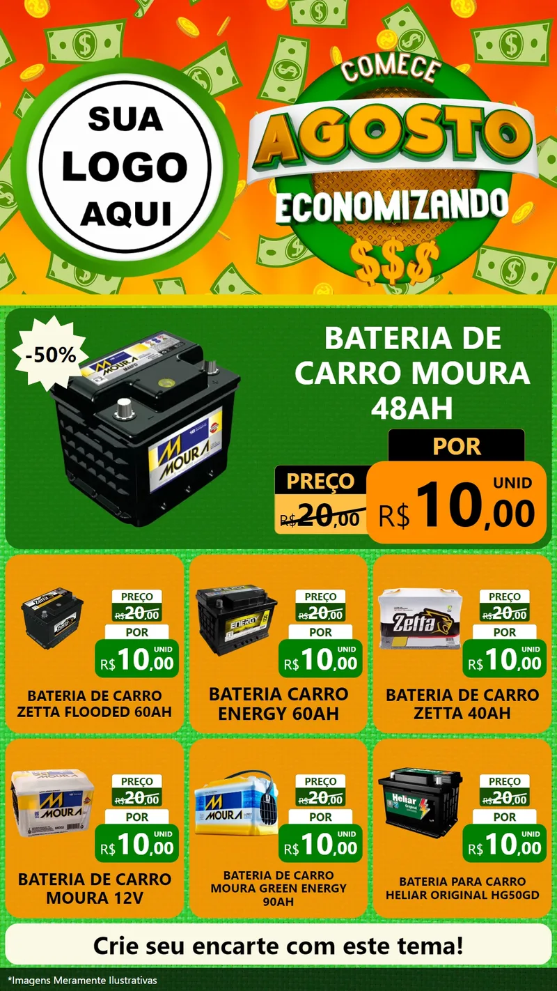Modelo de Rede Social para Stories com o tema Comece Agosto Economizando para Baterias Elétricas