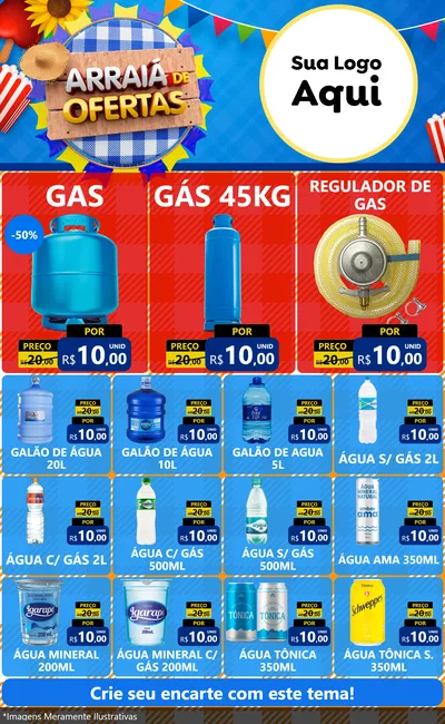 Modelo de Encarte para Encarte Grande com o tema Arraiá de Ofertas para Água e gás