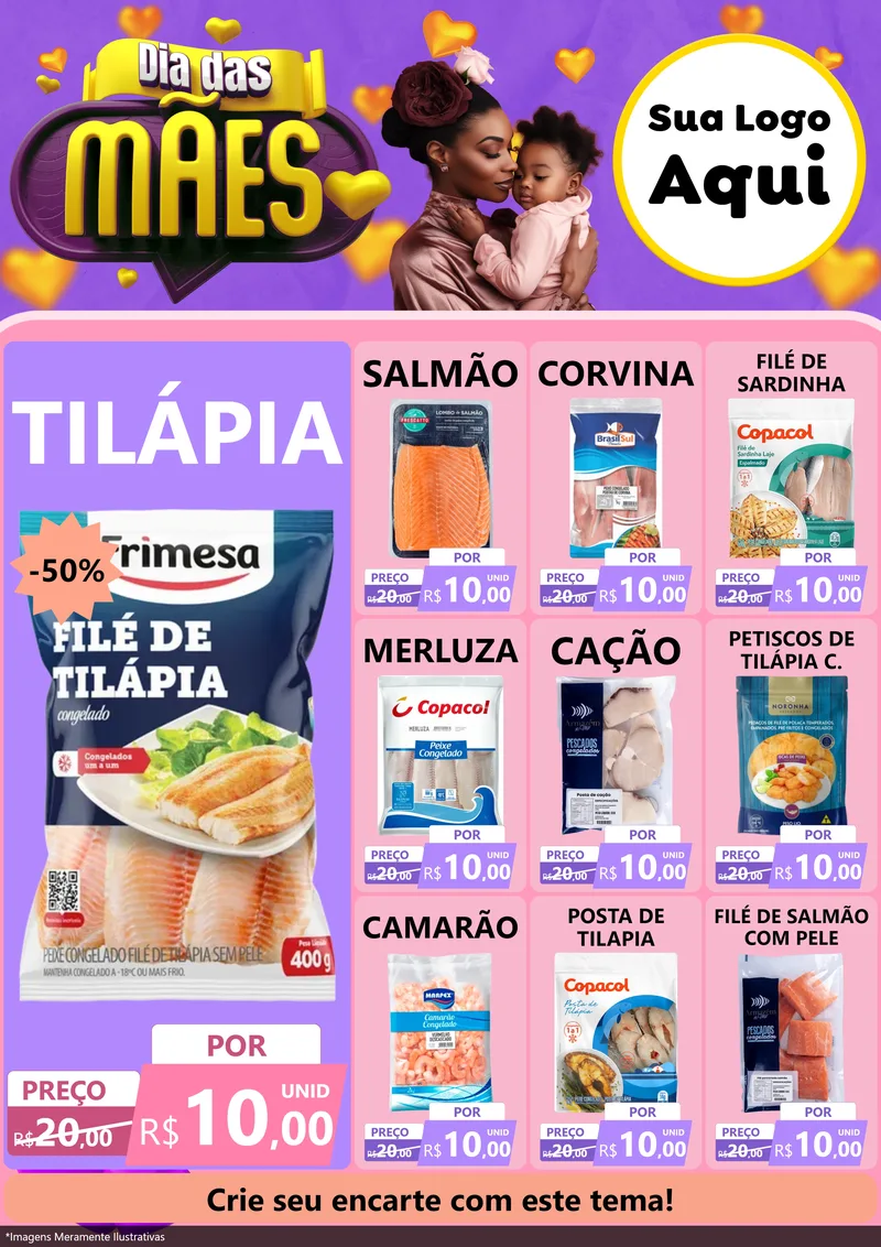 Modelo de Encarte para Encarte A4 Vertical com o tema Dia das Mães para Peixaria