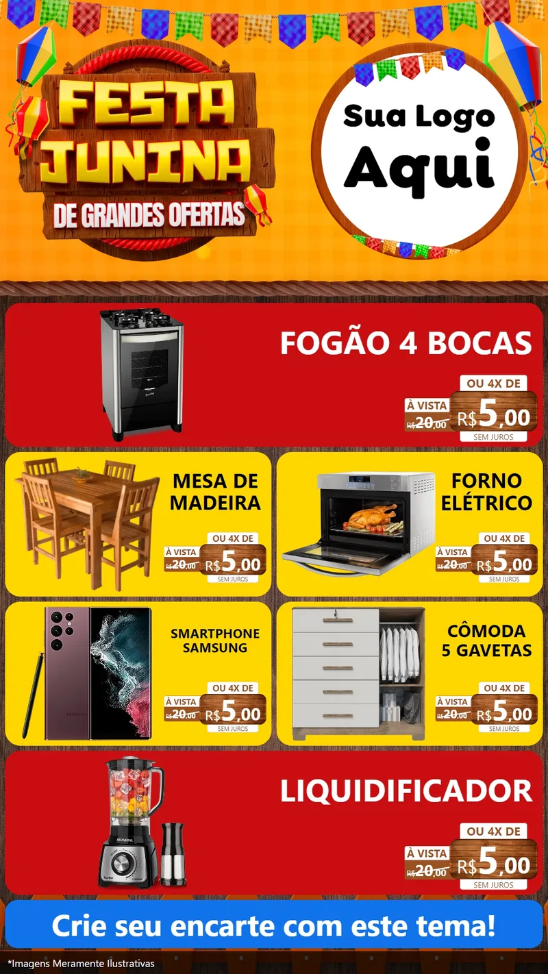 Modelo de TV para TV Vertical com o tema Festa Junina de Grandes Ofertas para Móveis e Eletro