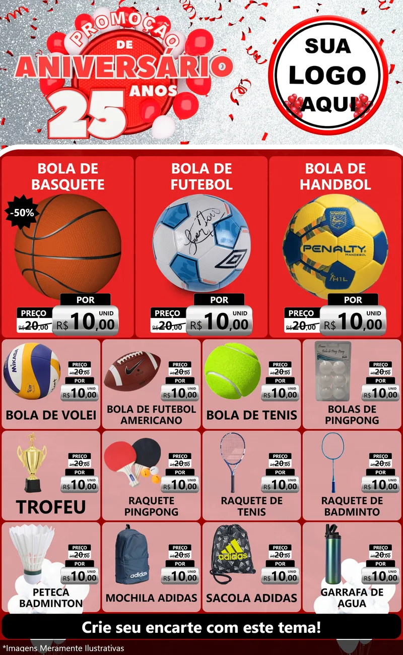 Modelo de Encarte para Encarte Grande com o tema Promoção de Aniversário - 25Anos para Artigos Esportivos