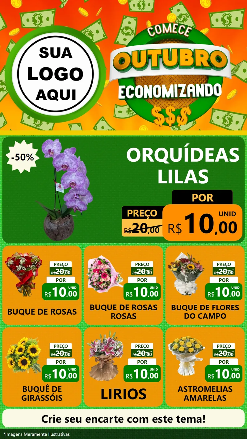 Modelo de Rede Social para Stories com o tema Comece Outubro Economizando para Floricultura e jardim