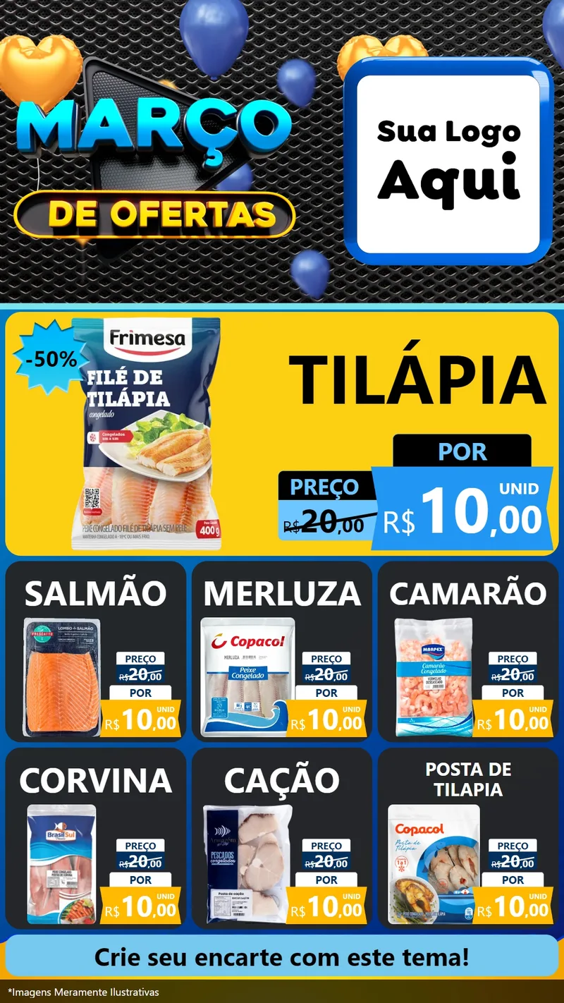 Modelo de Rede Social para Stories com o tema Março de Ofertas para Peixaria