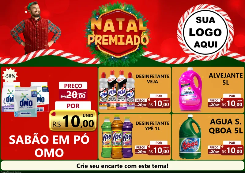 Modelo de Encarte para Encarte A4 Horizontal com o tema Natal Premiado para Produtos de Limpeza