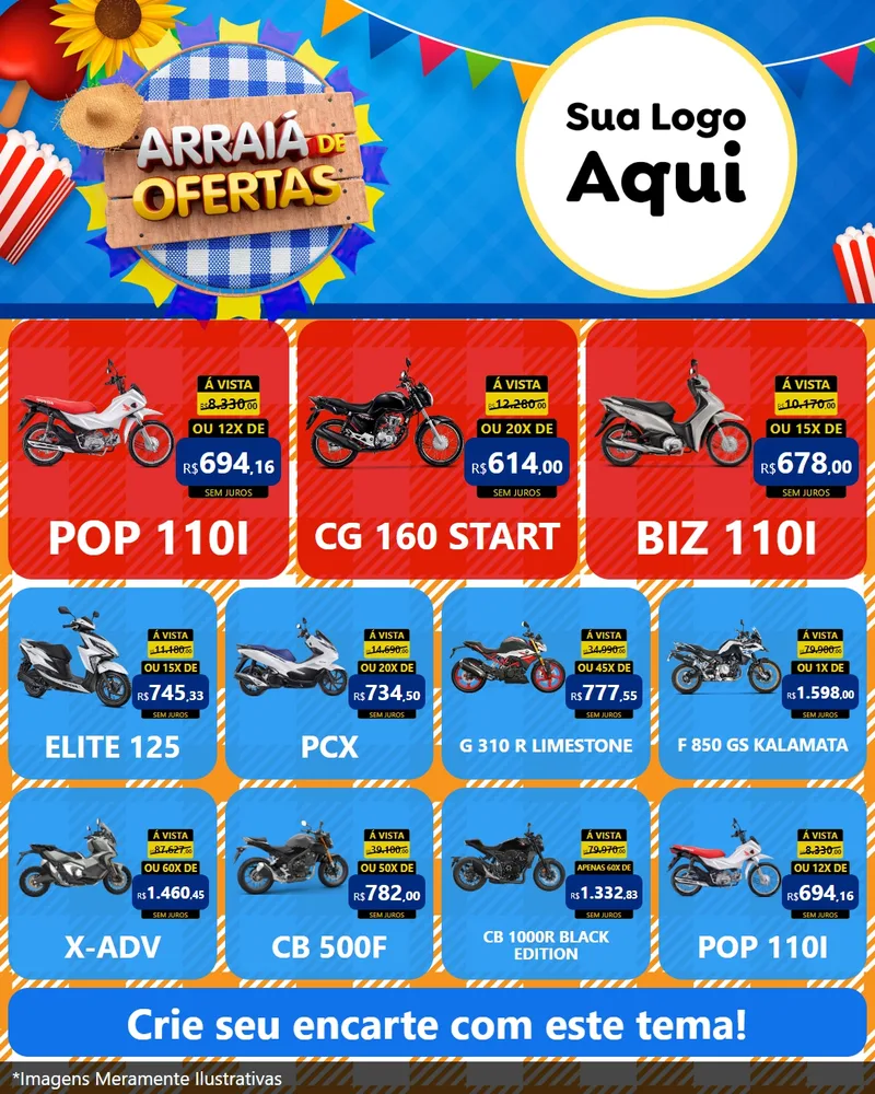 Modelo de Rede Social para Feed Instagram com o tema Arraiá de Ofertas para Concessionaria de Motos