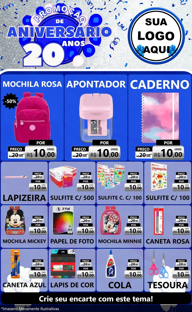 Modelo de Encarte para Encarte Grande com o tema Promoção de Aniversário - 20 Anos para Papelaria
