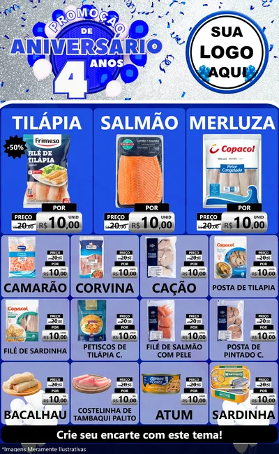 Modelo de Encarte para Encarte Grande com o tema Promoção de Aniversário - 4 Anos para Peixaria