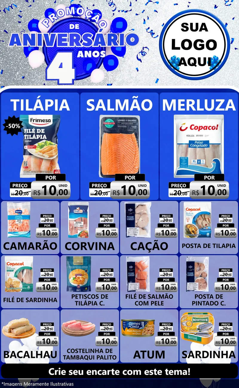 Modelo de Encarte para Encarte Grande com o tema Promoção de Aniversário - 4 Anos para Peixaria