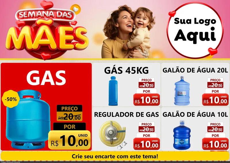 Modelo de Encarte para Encarte A4 Horizontal com o tema Semana das Mães para Água e gás