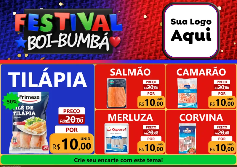 Modelo de Encarte para Encarte A4 Horizontal com o tema Festival Boi-Bumbá para Peixaria