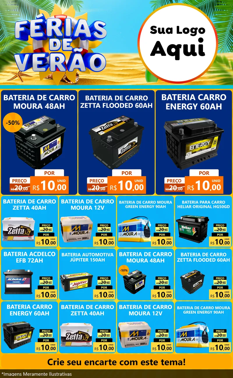 Modelo de Encarte para Encarte Grande com o tema Férias de Verão para Baterias Elétricas