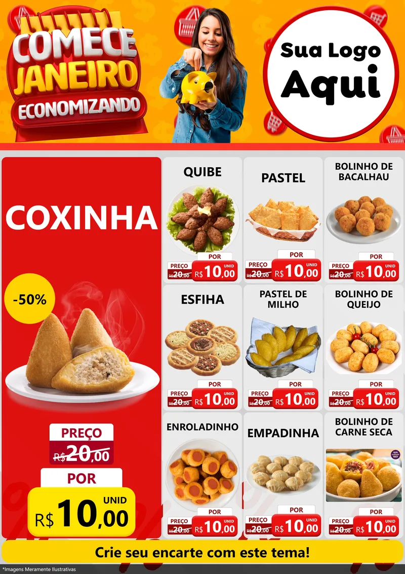Modelo de Encarte para Encarte A4 Vertical com o tema Comece Janeiro Economizando para Salgadaria