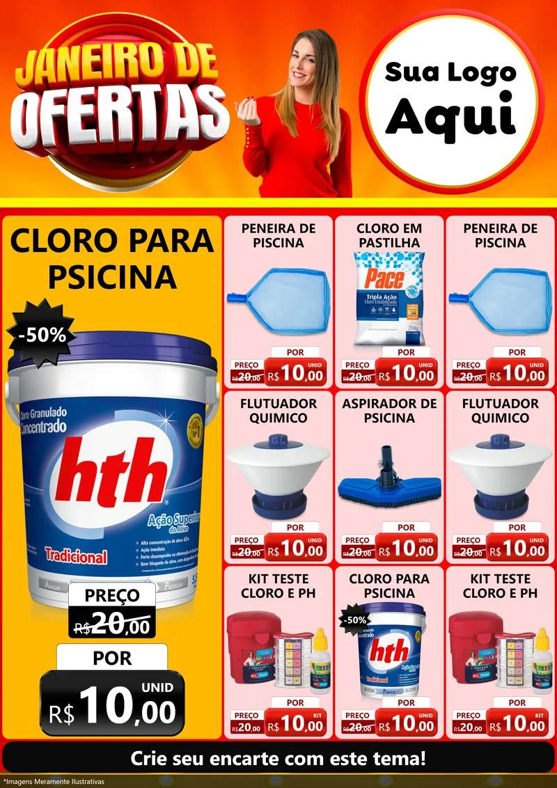Modelo de Encarte para Encarte A4 Vertical com o tema Janeiro de Ofertas para Produtos para Piscina