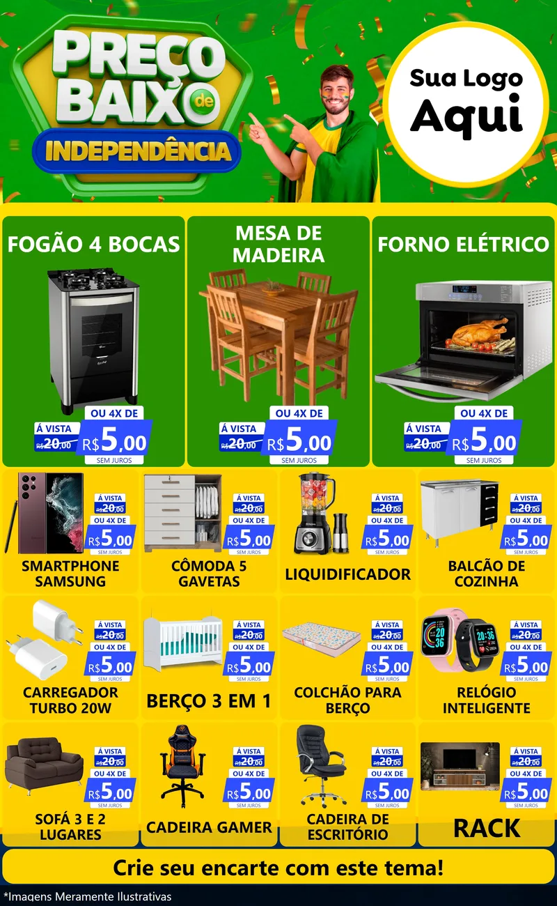 Modelo de Encarte para Encarte Grande com o tema Preço Baixo de Independência para Móveis e Eletro