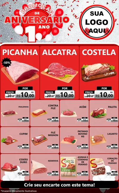 Modelo de Encarte para Encarte Grande com o tema Promoção de Aniversário - 1 Ano para Açougue