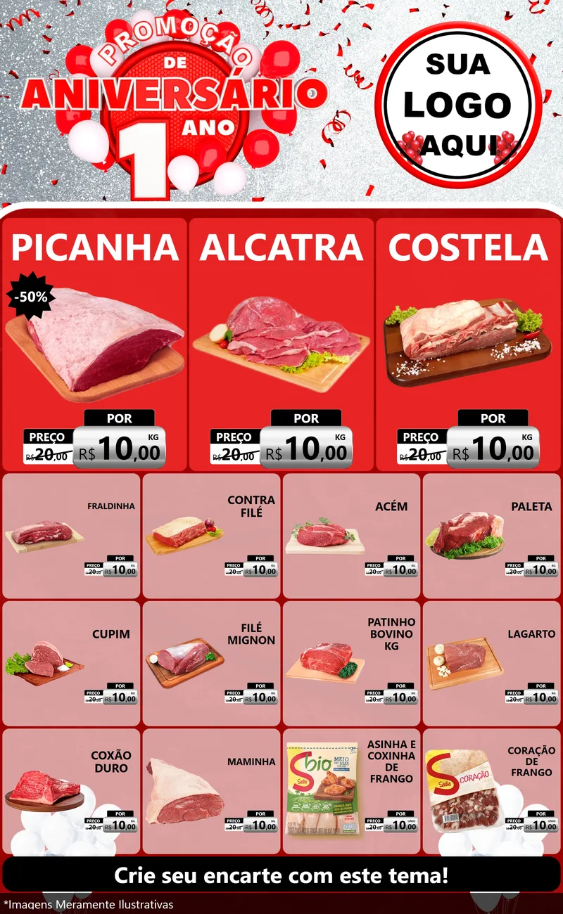 Modelo de Encarte para Encarte Grande com o tema Promoção de Aniversário - 1 Ano para Açougue