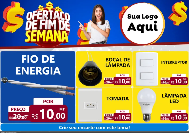 Modelo de Encarte para Encarte A4 Horizontal com o tema Ofertaço de Fim de Semana para Materiais Elétricos