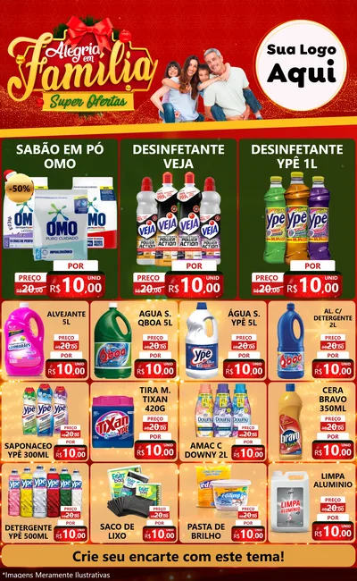 Modelo de Encarte para Encarte Grande com o tema Alegria em Família Super Ofertas - Natal para Produtos de Limpeza