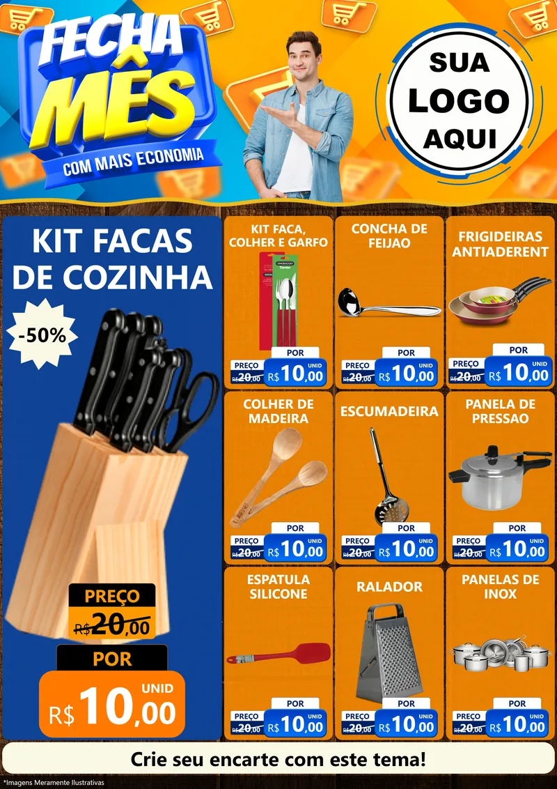 Modelo de Encarte para Encarte A4 Vertical com o tema Fecha Mês Com Mais Economia para Utilidades Domésticas
